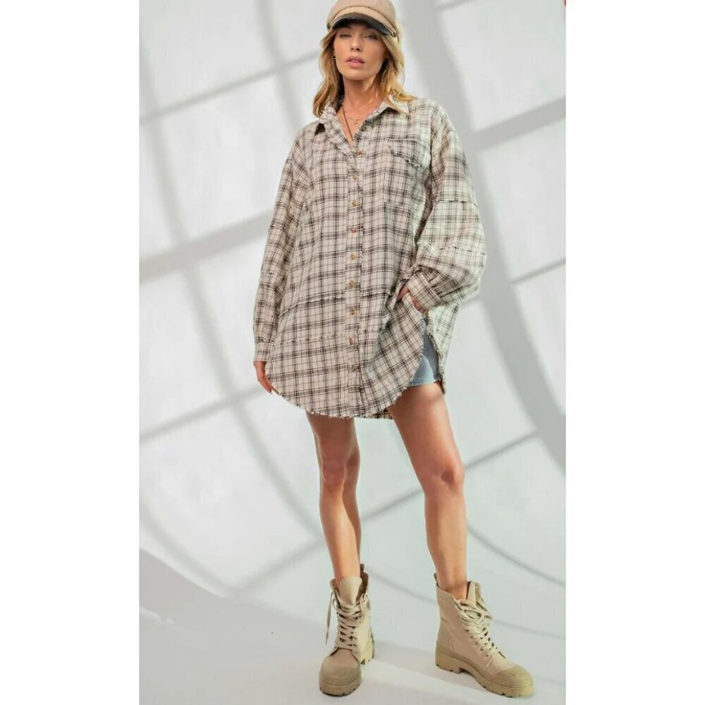 The Perfect Plaid Oversized Mineral Washed Shirt in Natural - Picture 2 of 5